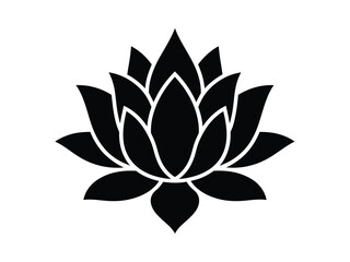A minimalist black and white illustration of a lotus flower in a symmetrical design