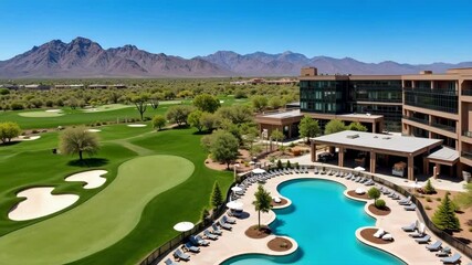 Explore a scenic aerial view of Talking Stick Resort Casino in Scottsdale, United States, showcasing a golf course, pool, and distant mountains in stunning 4k resolution.