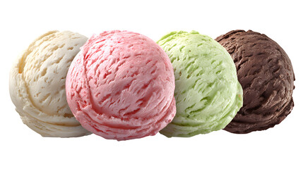 Indulge in a delectable array of ice cream scoops, featuring vanilla, strawberry, pistachio, and chocolate flavors against a transparent background.