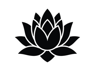 A minimalist black and white illustration of a lotus flower in a symmetrical design
