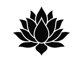 A minimalist black and white illustration of a lotus flower in a symmetrical design