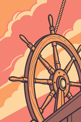 Close-up of wooden ship wheel at sunset, ideal for nautical-themed promotions, adventure travel, or boating lifestyle brands.