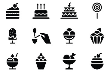 black and white dessert icon set with cakes, ice cream, cupcakes, and lollipops for food, menu, bakery, and culinary design projects