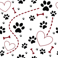 Heart and footprint paws flat doodle seamless pattern for child print design, paper, fabric, decoration, gift wrap
