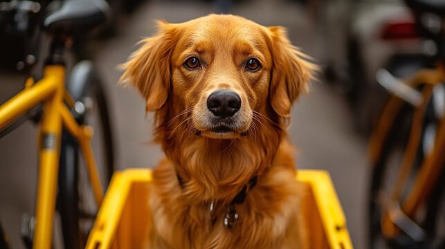 adorable golden retriever riding a bicycle in parking lot with bicycles in the background