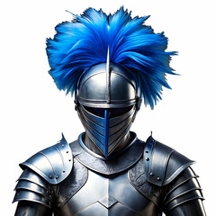 Armored warrior with bright blue helmet plume isolated on a transparent background knight blue plume