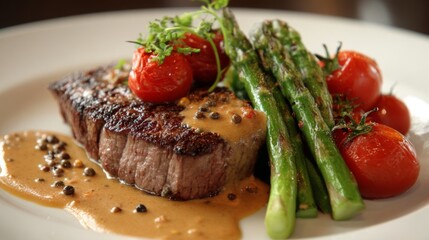 A gourmet steak dinner plated with asparagus, cherry tomatoes, and a rich peppercorn sauce