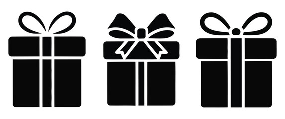 Elegant set of three black gift boxes with different ribbon styles on white background – minimal holiday and celebration icon pack