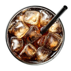 Refreshing cola drink with ice cubes and a black straw on a transparent background, perfect for illustrating beverage promotions or summer refreshment.