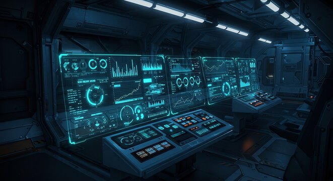 Futuristic Spaceship Control Room with Glowing Blue Holographic Displays