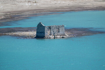 drying lake with a dry tree and a dilapidated house on it
