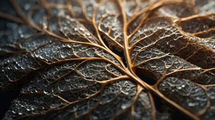 Fototapeta premium Delicate Leaf Vein Network: A macro perspective revealing the intricate vascular structure of a leaf, a captivating interplay of texture, light, and biological marvels.