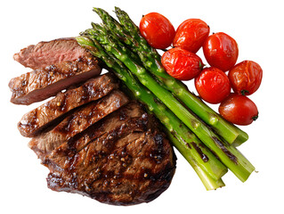 Delicious grilled steak slices served with fresh asparagus and vibrant cherry tomatoes on a dark, contrasting surface, transparent background