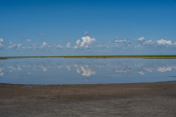 lake with clouds and sky reflected in the water