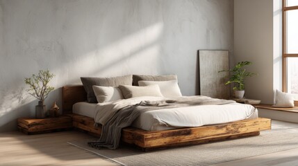 A minimalist bedroom with a neutral color palette, featuring a wooden bed, white bedding, and soft natural lighting