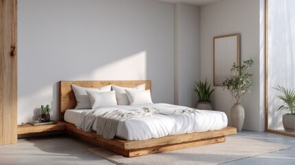 A minimalist bedroom with a neutral color palette, featuring a wooden bed, white bedding, and soft natural lighting