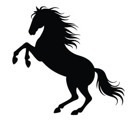 black silhouette of a rearing horse with flowing mane isolated on white background, powerful stallion vector illustration for design use