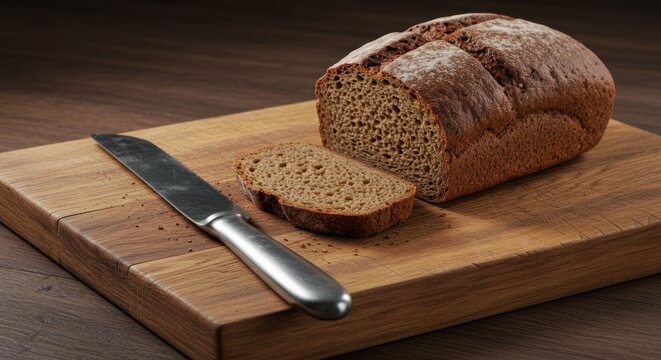 Rustic loaf of bread on wooden cutting board