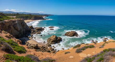 Beach cliff overlook with ocean view and crashing waves, high-resolution bold summer coastal landscape photo