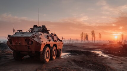 Fototapeta premium Abandoned Military Tank at Sunrise Battlefield