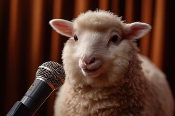 Sheep stands in front of a microphone for an unusual performance at an indoor event