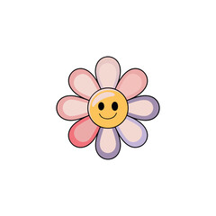 Cute smiling cartoon flower with different petals and a peaceful face on a white background – cheerful floral vector illustration for kids and nursery decor