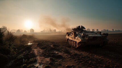 Tank Wreckage at Dawn on Muddy War Field