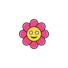 Cute smiling cartoon flower with different petals and a peaceful face on a white background – cheerful floral vector illustration for kids and nursery decor