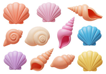 3D assorted seashell collection on white background, high-resolution glossy summer beach decorative prop PNG