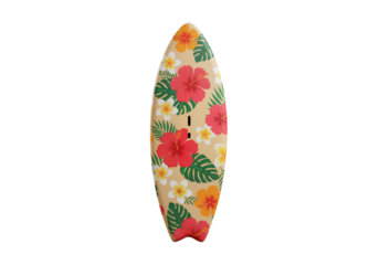 3D surfboard with tropical floral pattern on white background, high-resolution glossy summer beach prop PNG