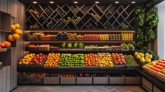 Modern grocery store interior showcasing a vibrant display of fresh produce.  Well-organized,  stylish, and modern shelving, with a focus on natural lighting and a clean aesthetic