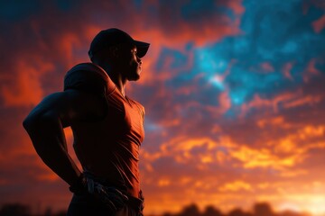 Athlete gazes at colorful sunset after intense training session in a sports field