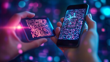 futuristic digital qr code technology on smartphones in neon lights