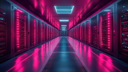 Fototapeta premium Hybrid Quantum-Classical Computing Facility - Superconducting Chips Connected via Glowing Fibers in Ultra-Clean Lab 