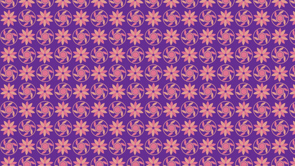 A seamless pattern of stylized floral motifs in pink and peach on a purple background
