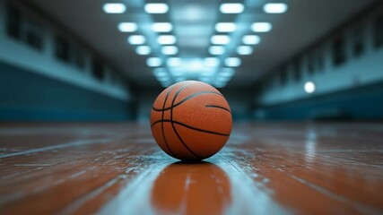 Close-up of a basketball on an indoor court with vibrant lighting and reflections - Powered by Adobe