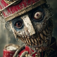 Naklejka premium Nutcracker , haunting, old-fashioned toy with a grotesque face featuring hollow eyes, exposed teeth, eerie atmosphere reminiscent of horror or gothic themes.
