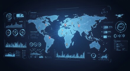 Fototapeta premium Futuristic World Map Data Visualization with Drone, Charts, and Delivery Information.