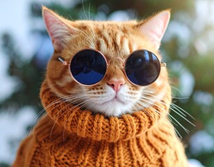 Calico cat wearing sunglasses and hat on rocky trail enjoying nature. Cute kitten in sun protection gear at outdoor park a fun day.