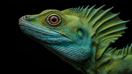 Fototapeta premium Vibrant green and blue plumed basilisk lizard a stunning reptile for animal lovers, nature enthusiasts, and educational materials.