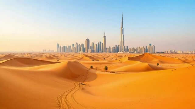 Golden sand dunes meet the modern skyline of Dubai in this wide-angle aerial view showcasing the desert outskirts of the United Arab Emirates.