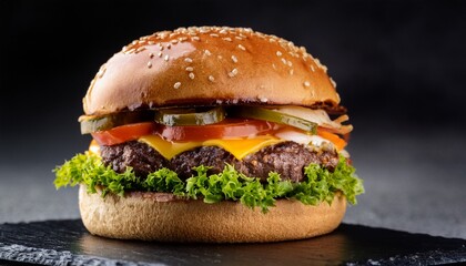 mouthwatering cheeseburger with fresh toppings served on a dark slate background