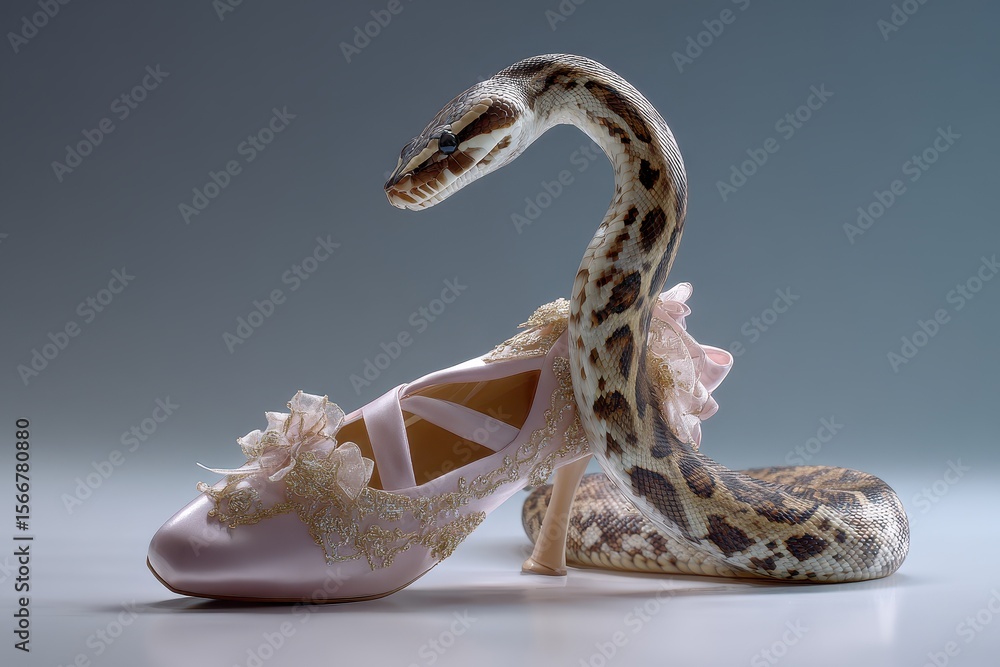 Poster unique ballet shoe design featuring a snake element in an artistic display