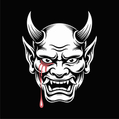 A white devil face with horns, sharp teeth, and blood dripping from one eye, set against a black background.