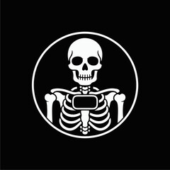 A white skeletal illustration within a circular frame, set against a black background.