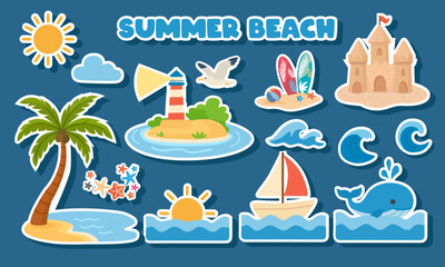 Summer nature sticker vector set with sea, sunrise, palm tree, island, lighthouse, seagull, sun, sailboat, whale, sandcastle, surfboard. Summer tropical element collection. 