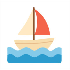 Sailboat vector in flat design. Cartoon sailboat clipart. Summer, sea, ocean element with small sailboat and blue sea water with waves. Transportation concept.