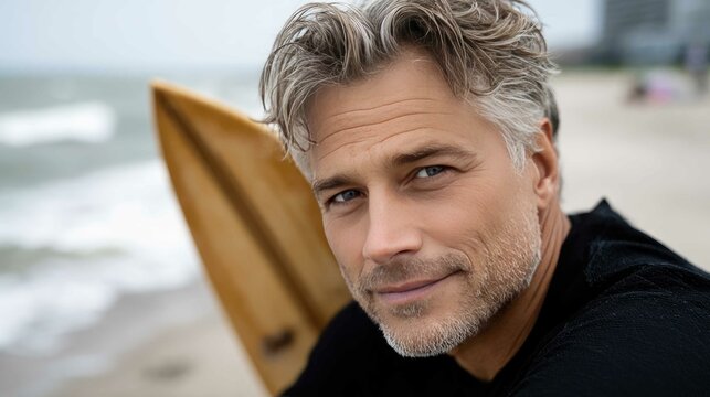 Senior man enjoys surfing at the beach with wooden surfboard under a sunny sky and waves in the background