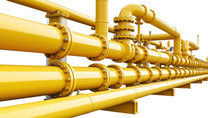 Yellow industrial pipeline system with multiple connected pipes and valves