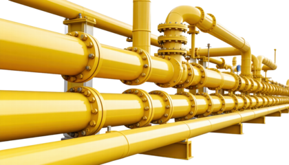 Yellow industrial pipeline system with multiple connected pipes and valves